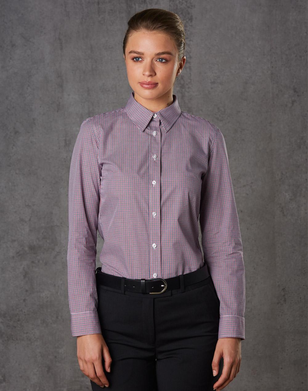 Benchmark M8340L Ladies’ Two Tone Mini Gingham Long Sleeve Shirt - WEARhouse